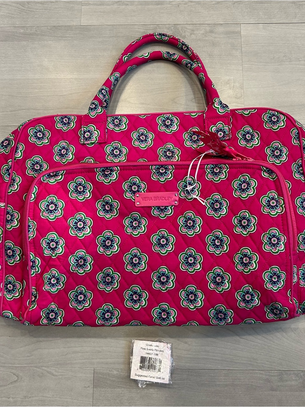 NWT Vera Bradley Weekender Travel Bag Pink Swirls Flowers Quilted Duffle Tote